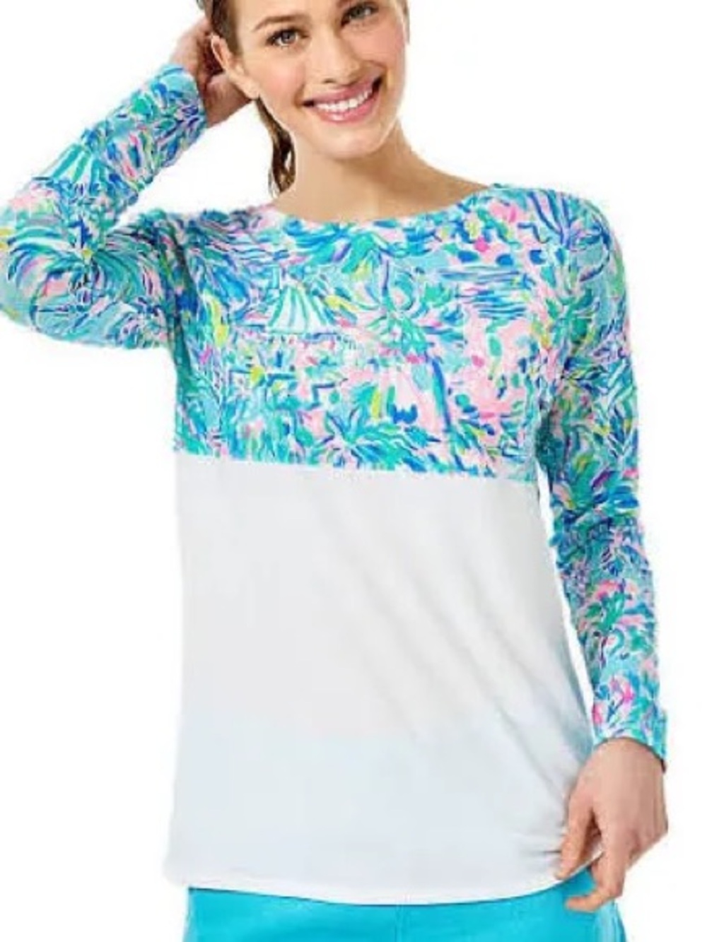 Lilly Pulitzer White Colorblock Long-Sleeve Top with Aqua & Pink Floral Yoke